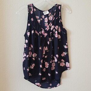 Navy & Pink Floral Patterned Sleeveless Blouse